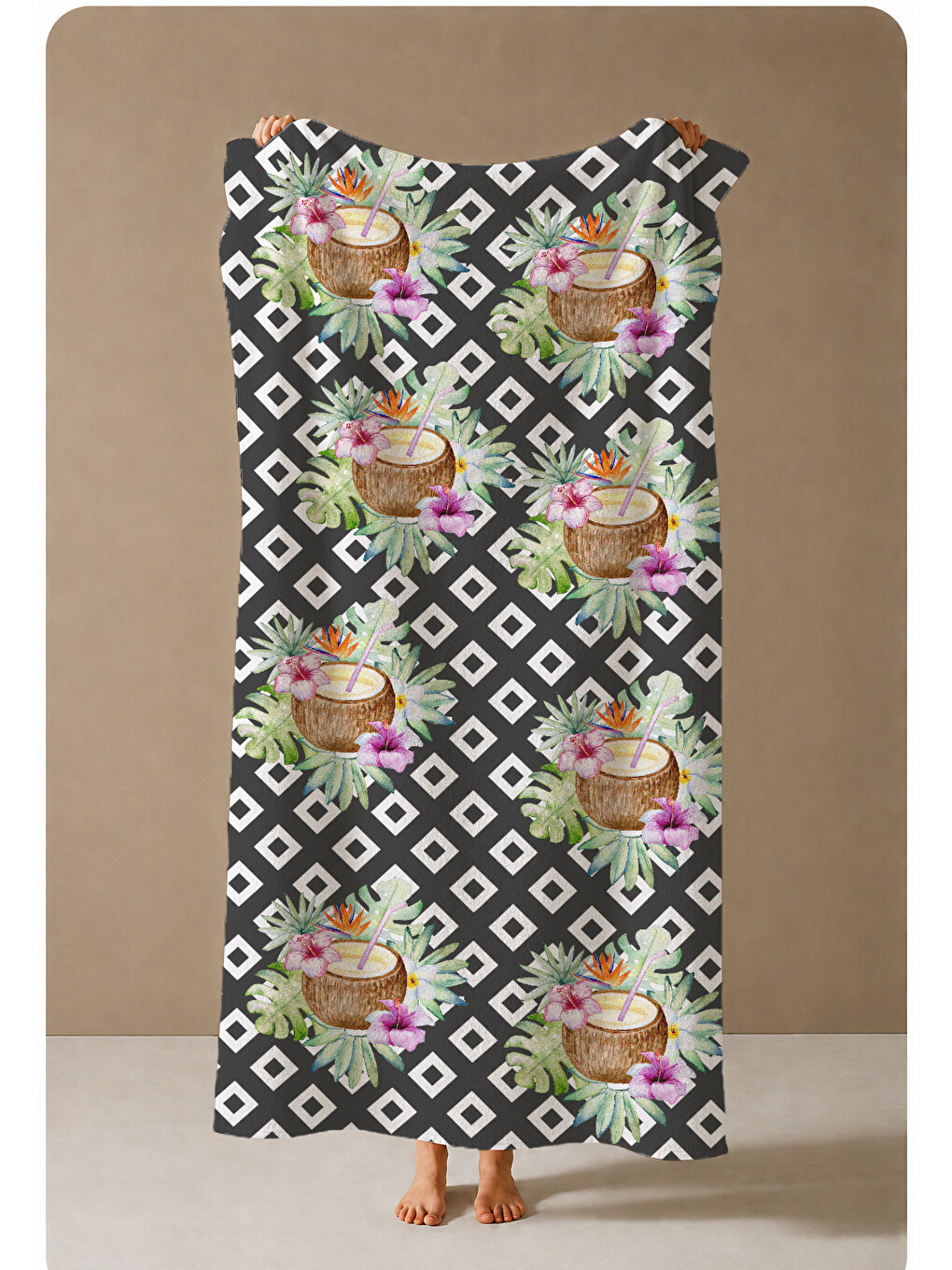 Siyah Beyaz Geometrik Renkli Desenli 70x150 Cm Dijital Baskılı Plaj Ve Banyo Havlusu-3