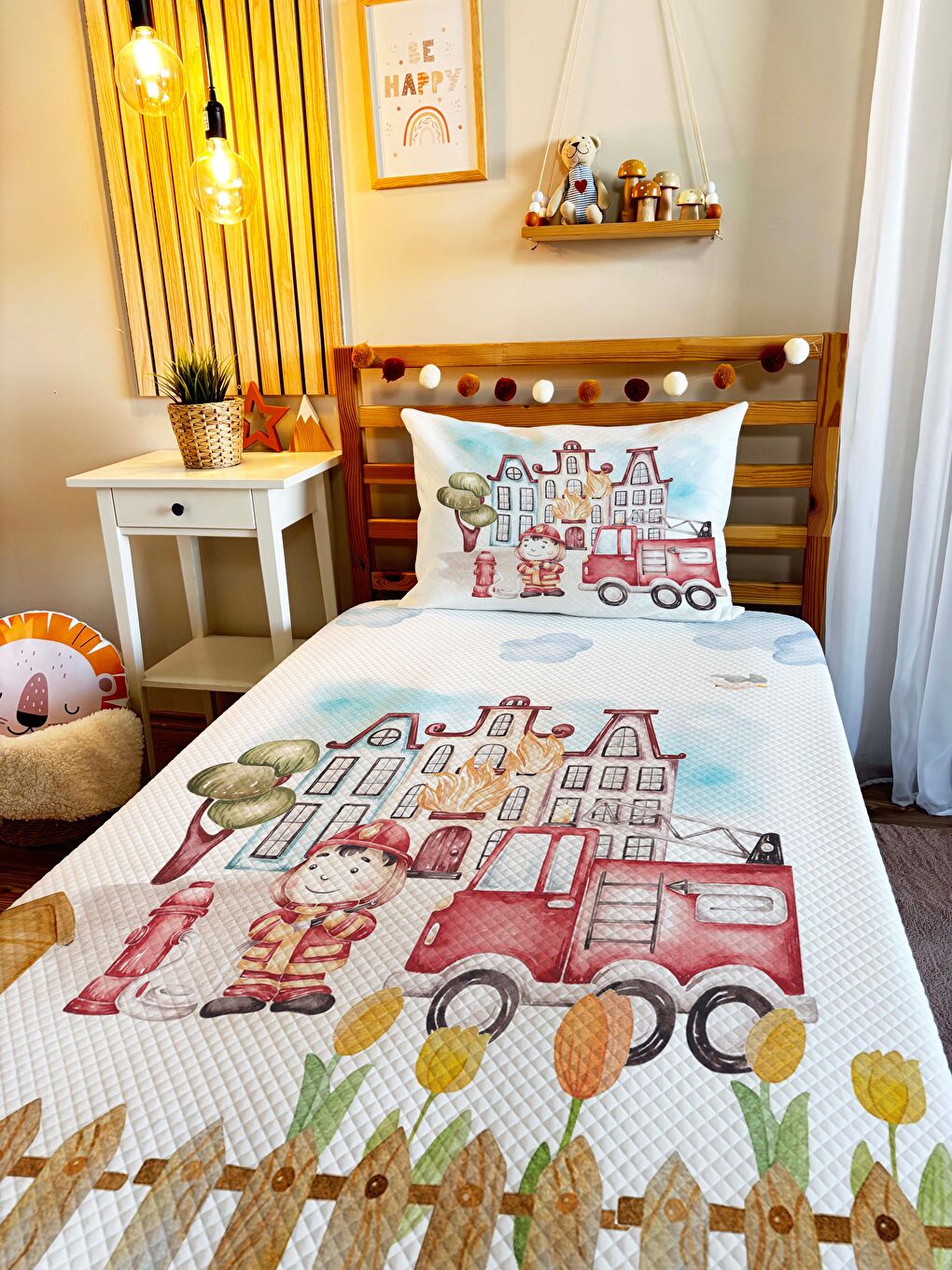 Karışık İtfaiye Desenli Bebek Ve Çocuk Baskılı Tek Kişilik Pike Takımı 160 X 230 Cm-1