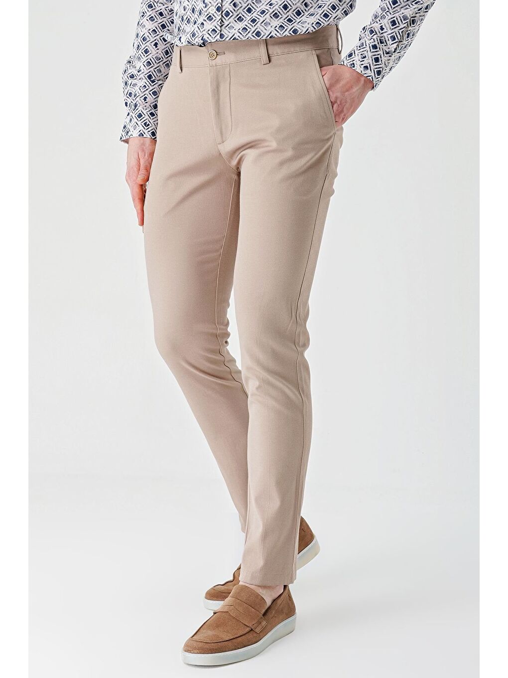 Bej Pamuklu Yandan Cepli Casual Slim Fit Chino Pantolon 1003240156
