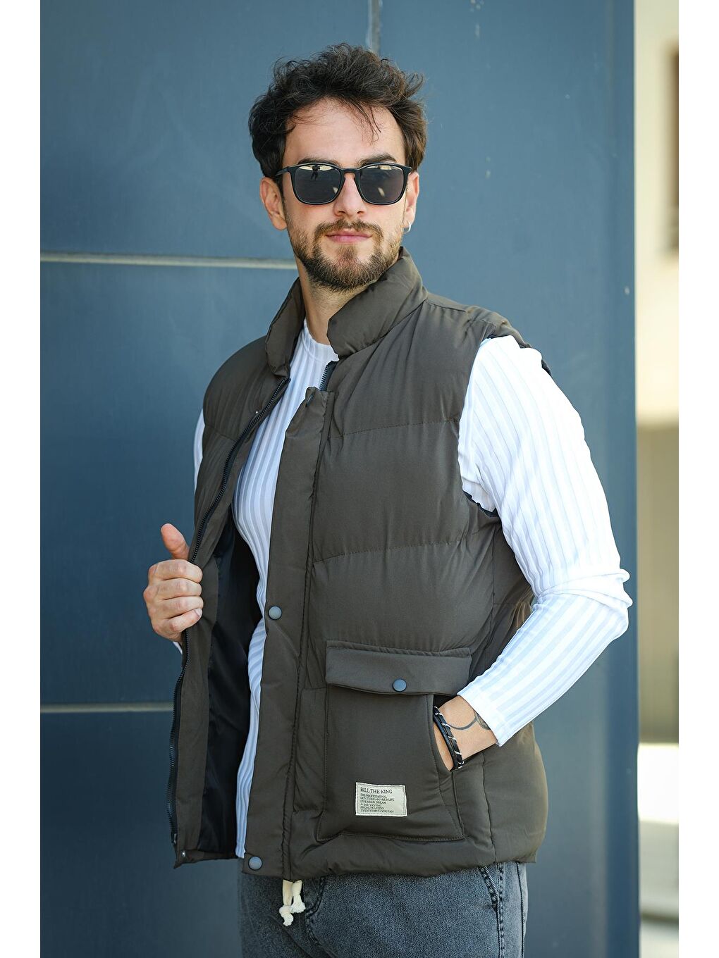 Haki Octave Suya Dayanıklı Kapaklı Cepli Etiket Detaylı Dik Yaka Erkek Şişme Yelek-2