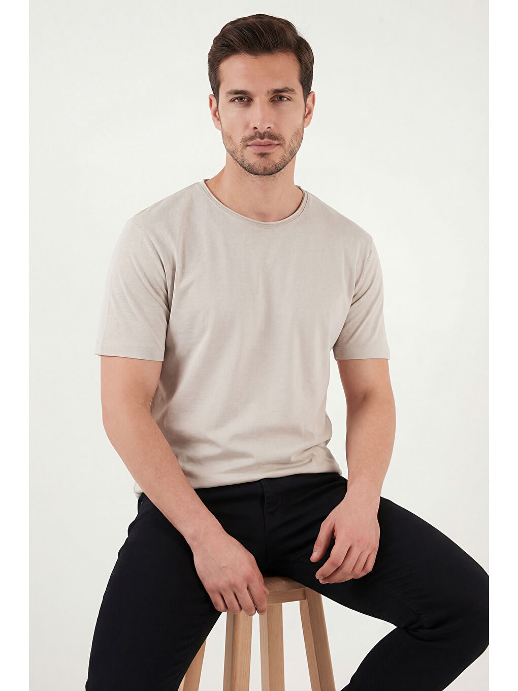 Bej Pamuklu Regular Fit Bisiklet Yaka T Shirt 5904074-5