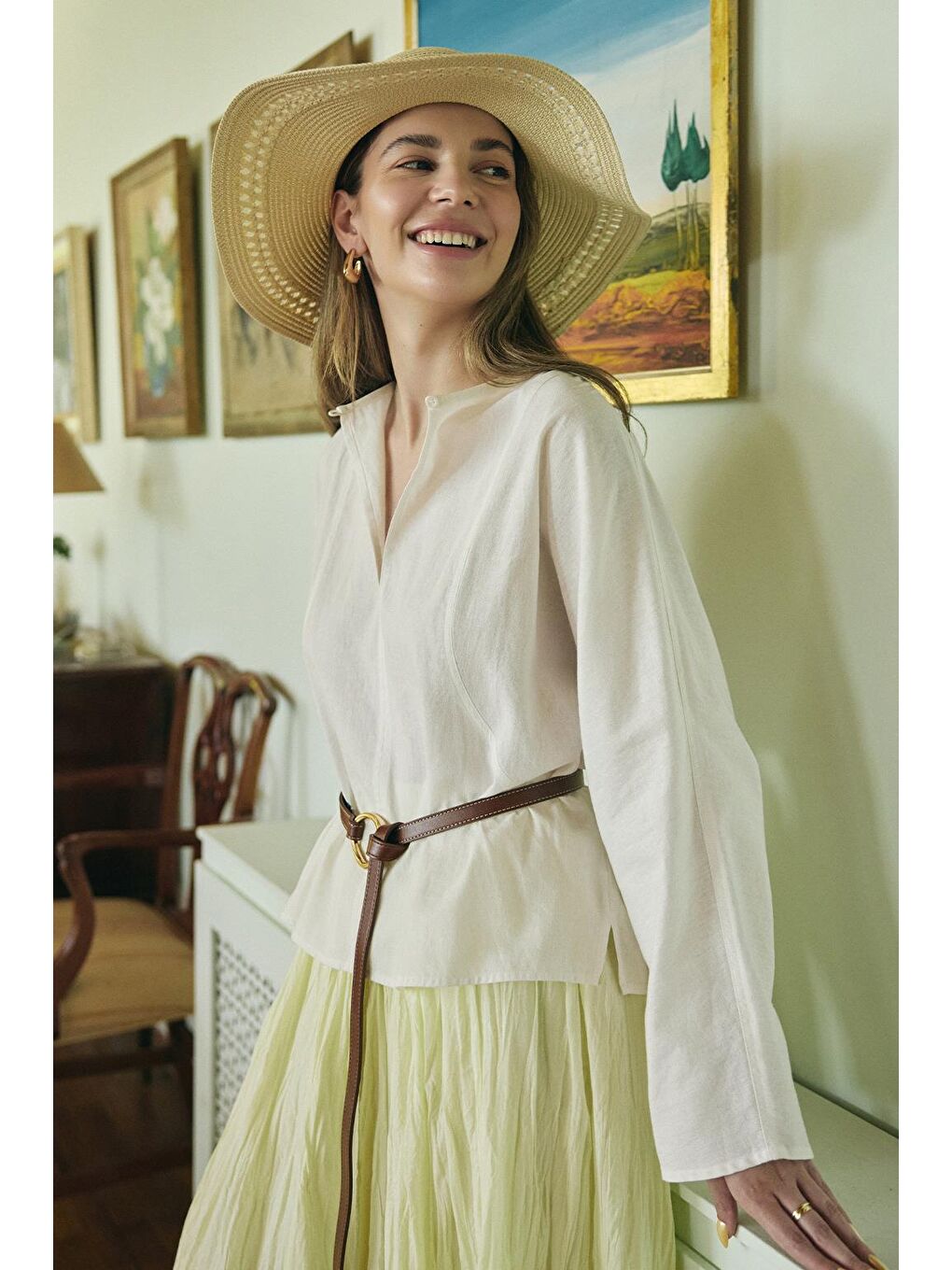 Açık Hakim Yaka Keten Gömlek Ekru-1