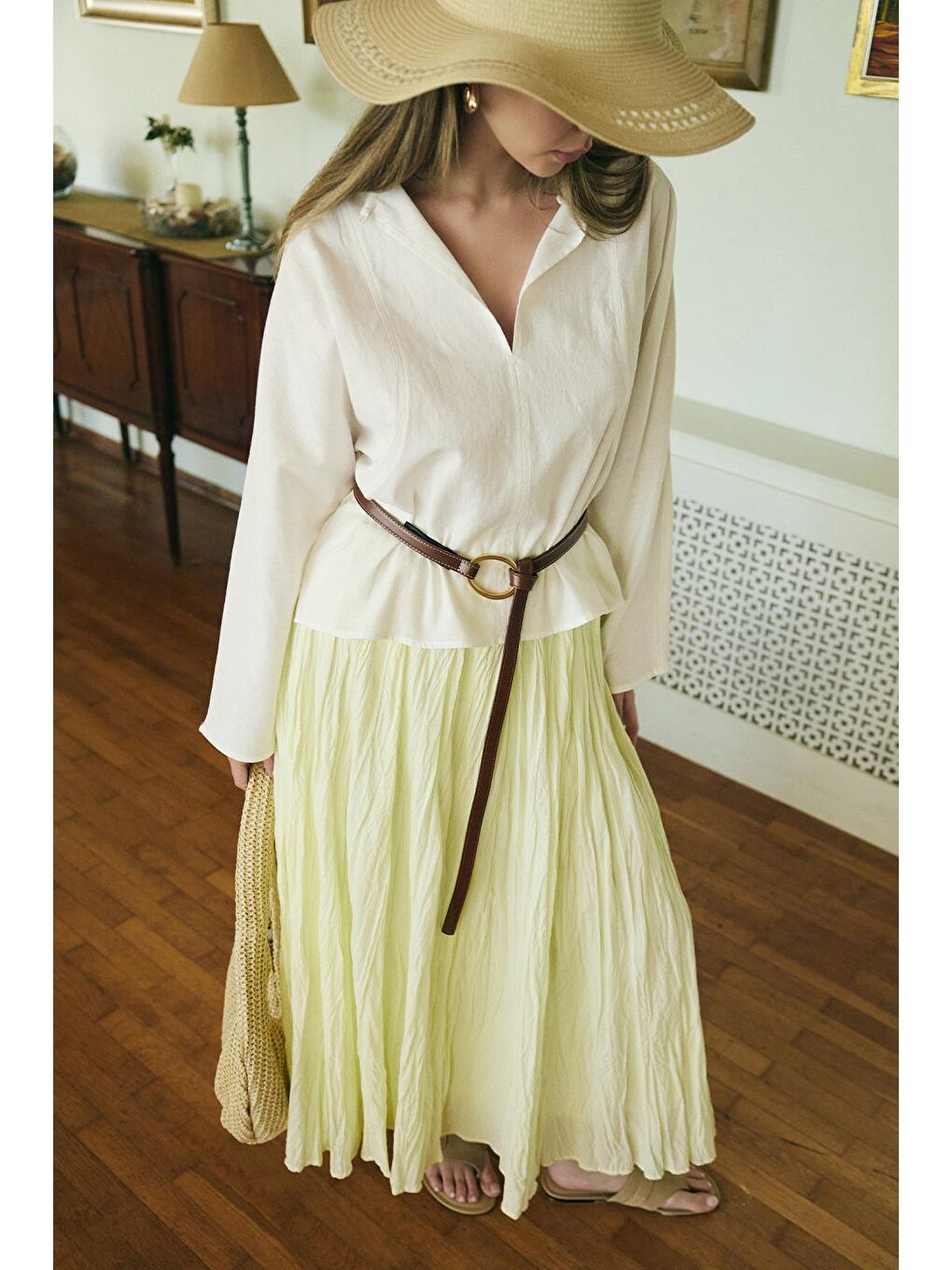 Açık Hakim Yaka Keten Gömlek Ekru-2