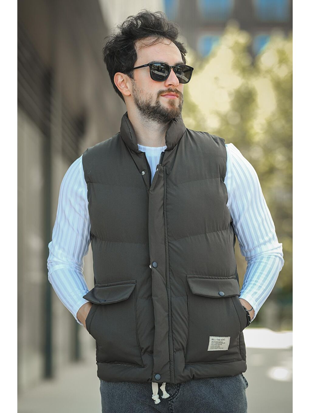 Haki Octave Suya Dayanıklı Kapaklı Cepli Etiket Detaylı Dik Yaka Erkek Şişme Yelek-3