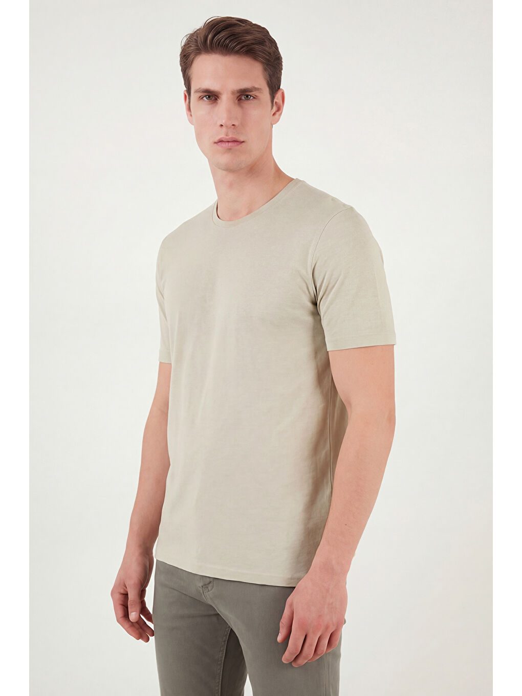 Bej Bisiklet Yaka % 100 Pamuk Slim Fit Basic Erkek T Shirt 59020001-1