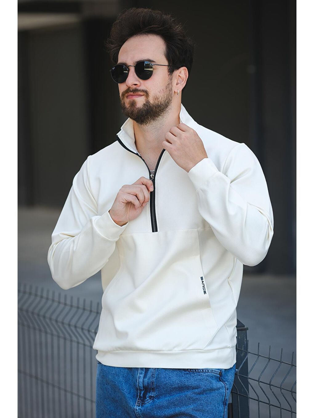 Ekru Barrac İki İplik Fermuarlı Yarım Balıkçı Yaka Slim Fit Erkek Sweatshirt