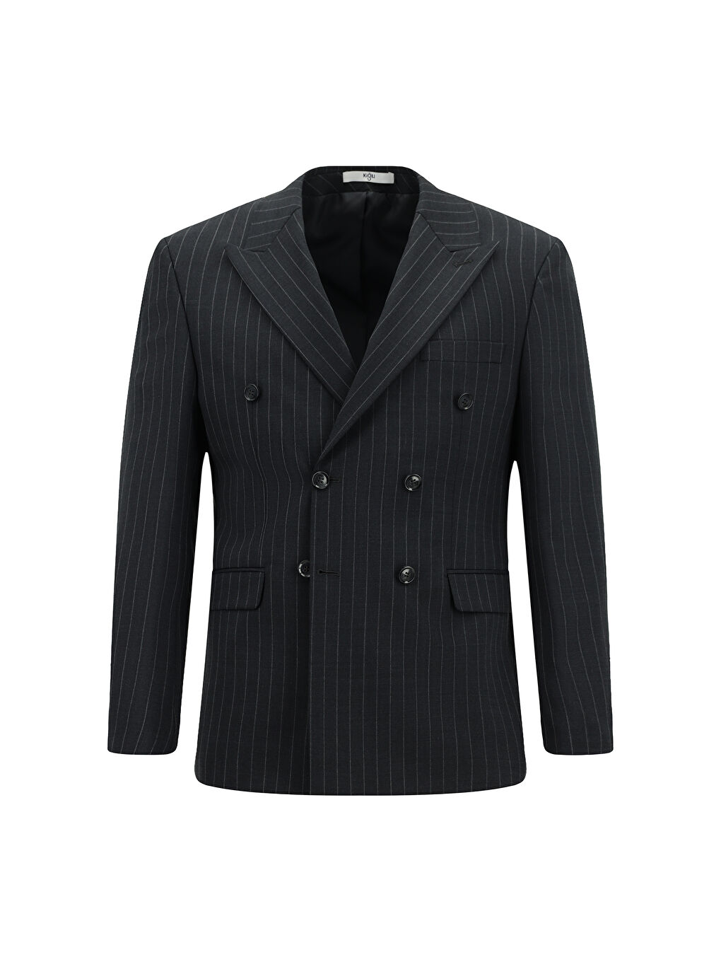 Gri Slim Fit Dar Kesim Yünlü Çizgili Kruvaze Takım Elbise-1