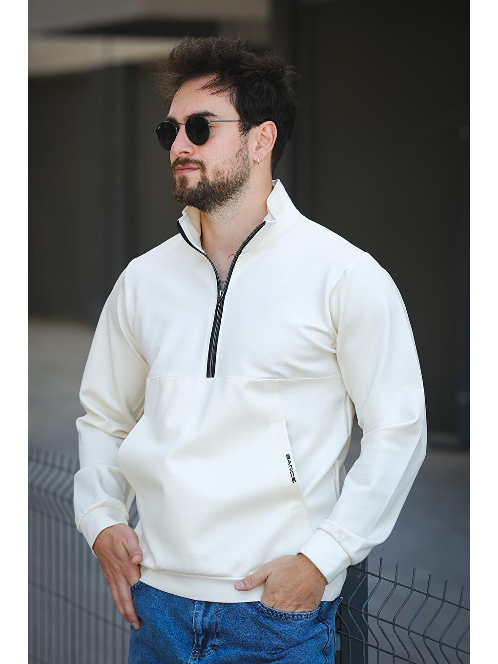 Ekru Barrac İki İplik Fermuarlı Yarım Balıkçı Yaka Slim Fit Erkek Sweatshirt-1