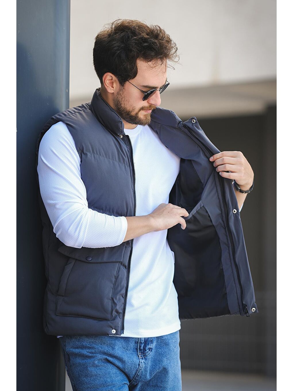 Gri Octave Suya Dayanıklı Kapaklı Cepli Etiket Detaylı Dik Yaka Erkek Şişme Yelek-2