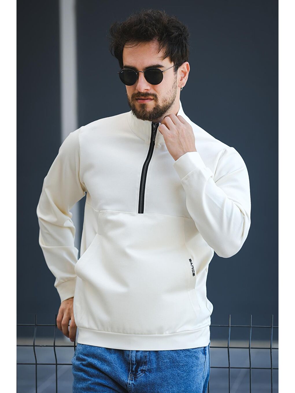 Ekru Barrac İki İplik Fermuarlı Yarım Balıkçı Yaka Slim Fit Erkek Sweatshirt-2