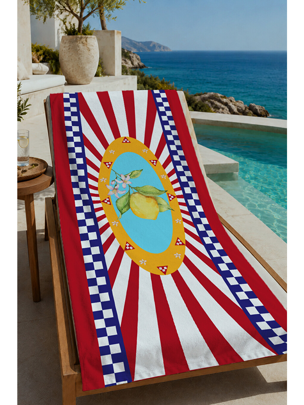 Kırmızı Lacivert Retro Sirk İllüstrasyon Desenli 70x150 Cm Dijital Baskılı Plaj Ve Banyo Havlusu