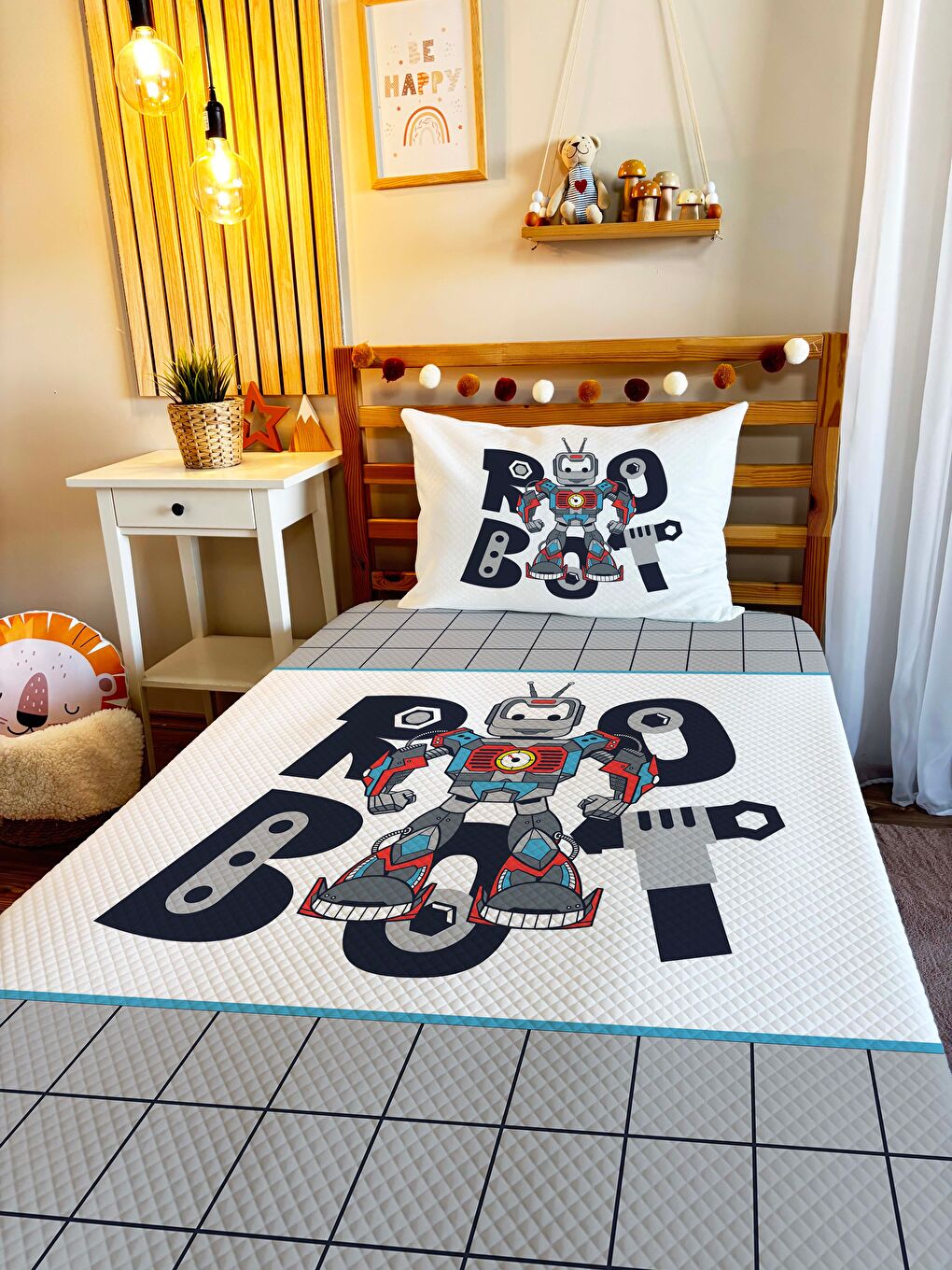 Karışık Robot Desenli Bebek Ve Çocuk Baskılı Tek Kişilik Pike Takımı 160 X 230 Cm-1