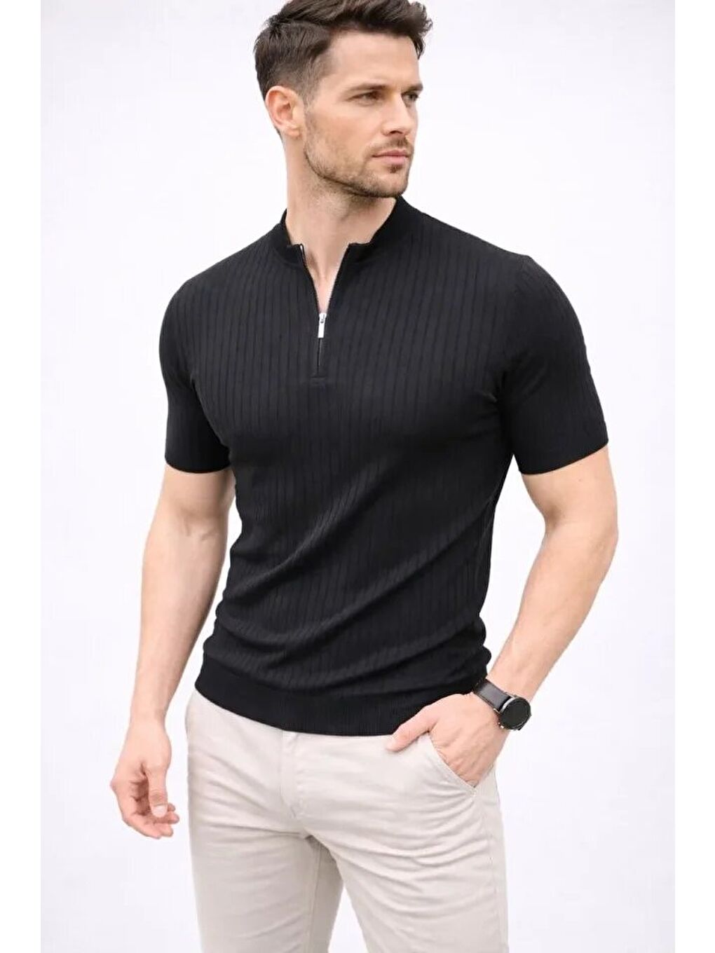Siyah Erkek Kısa Kol Fitilli Triko Tişört-1