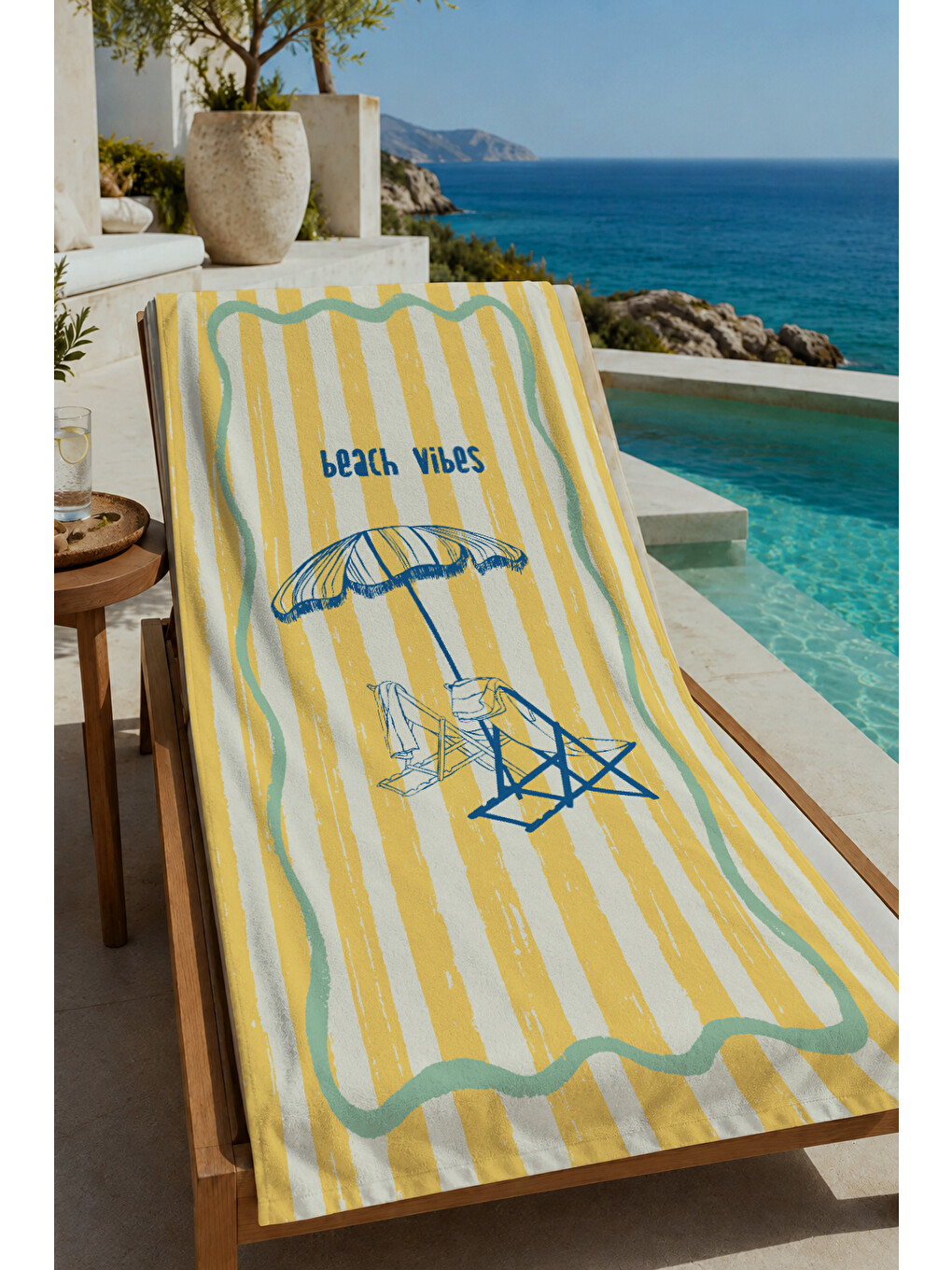 Milbay Grup Sarı Çizgili Beach Vibes Şemsiye Desenli 70x150 Cm Dijital Plaj Ve Banyo Havlusu-20072