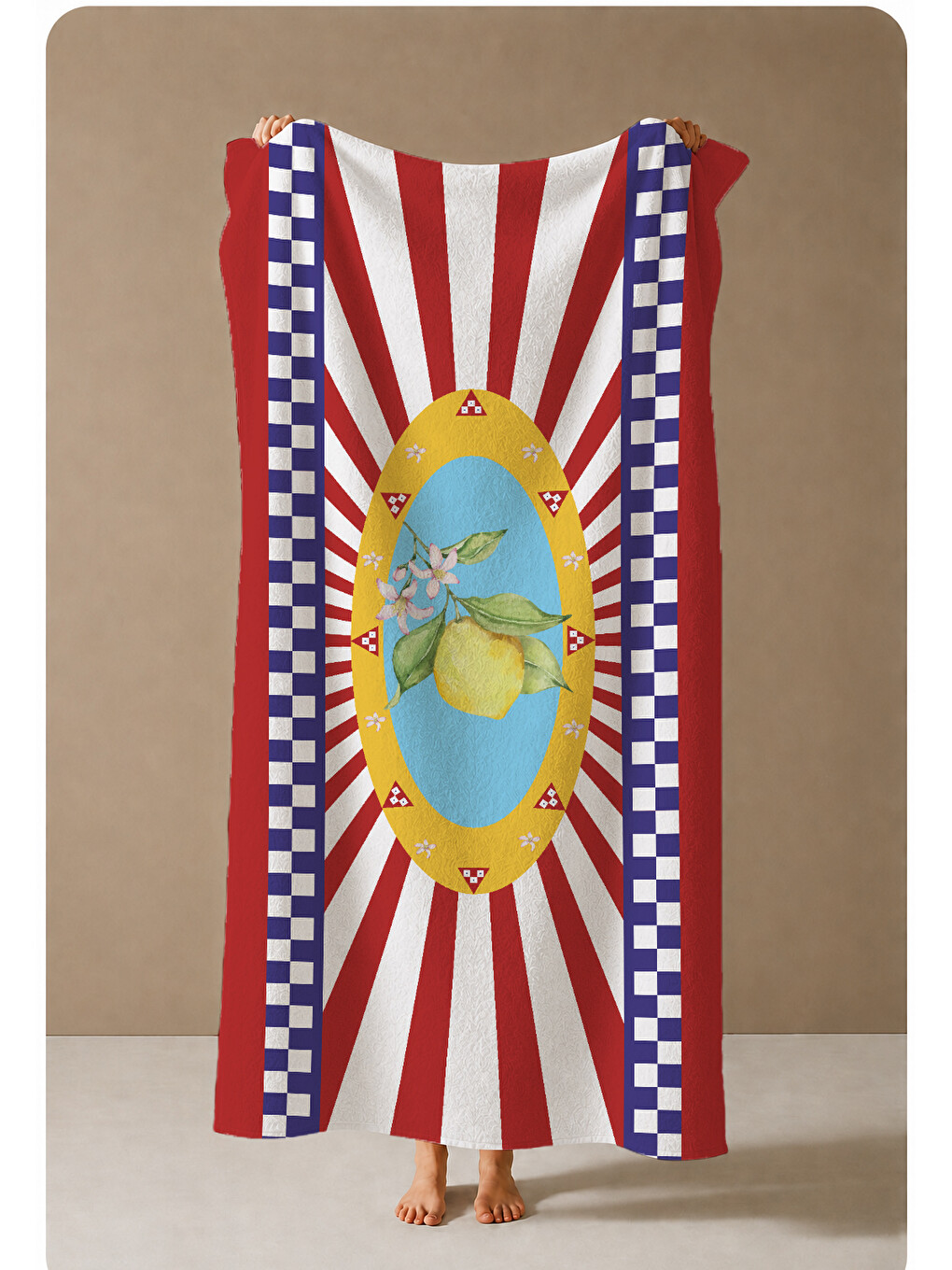 Kırmızı Lacivert Retro Sirk İllüstrasyon Desenli 70x150 Cm Dijital Baskılı Plaj Ve Banyo Havlusu-3