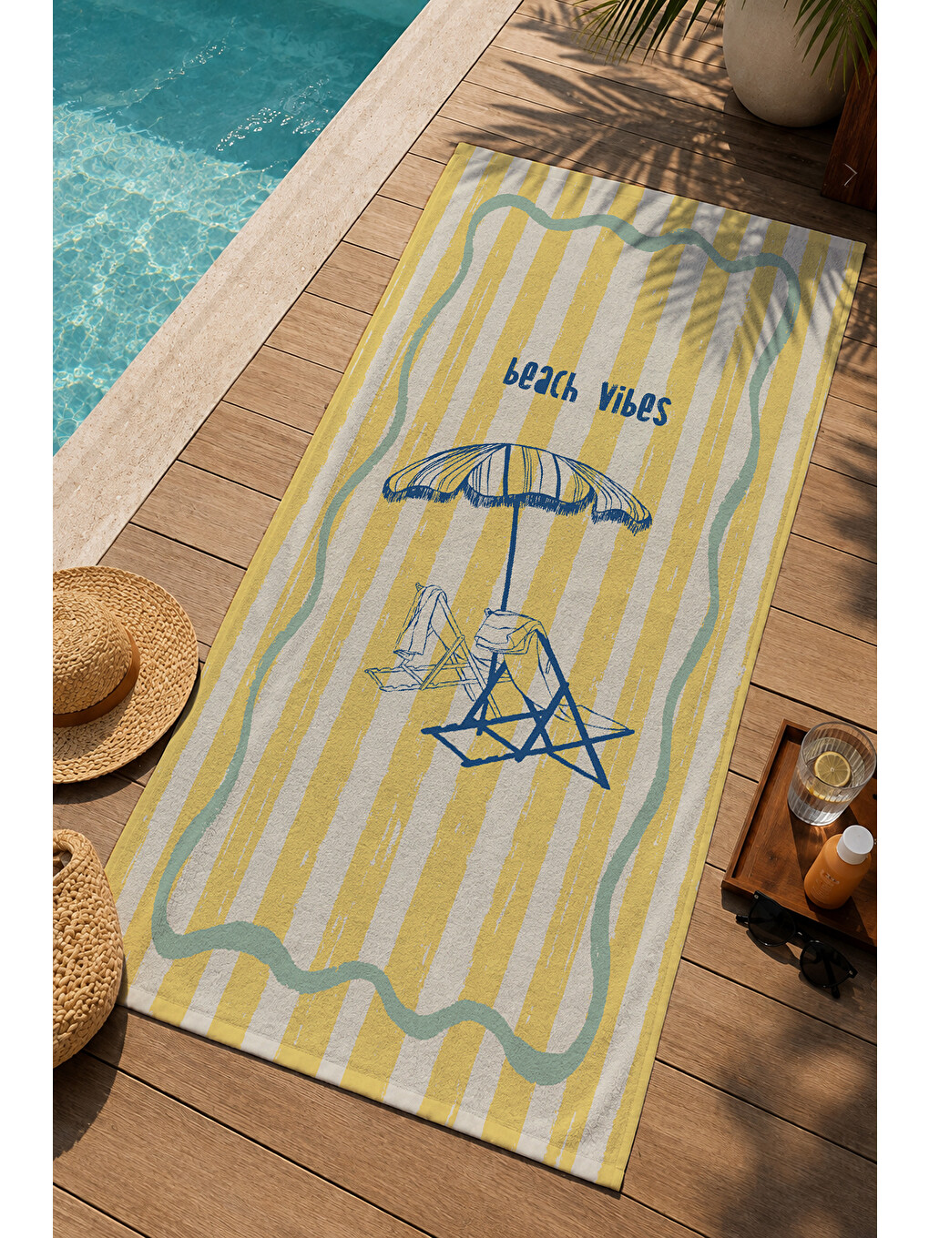 Milbay Grup Sarı Çizgili Beach Vibes Şemsiye Desenli 70x150 Cm Dijital Plaj Ve Banyo Havlusu-20072-2