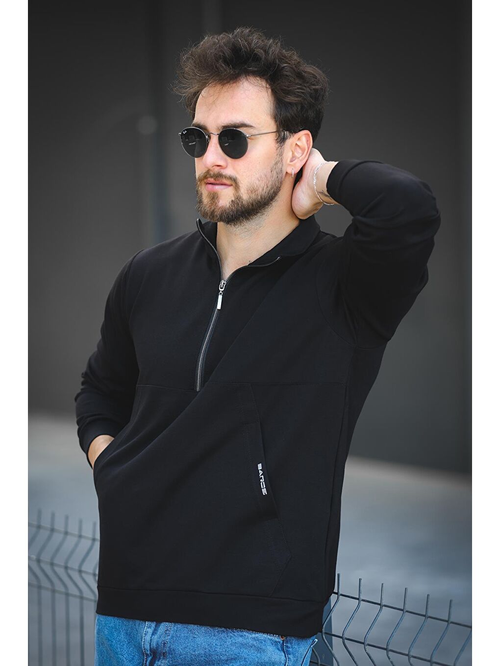 Siyah Barrac İki İplik Fermuarlı Yarım Balıkçı Yaka Slim Fit Erkek Sweatshirt-2