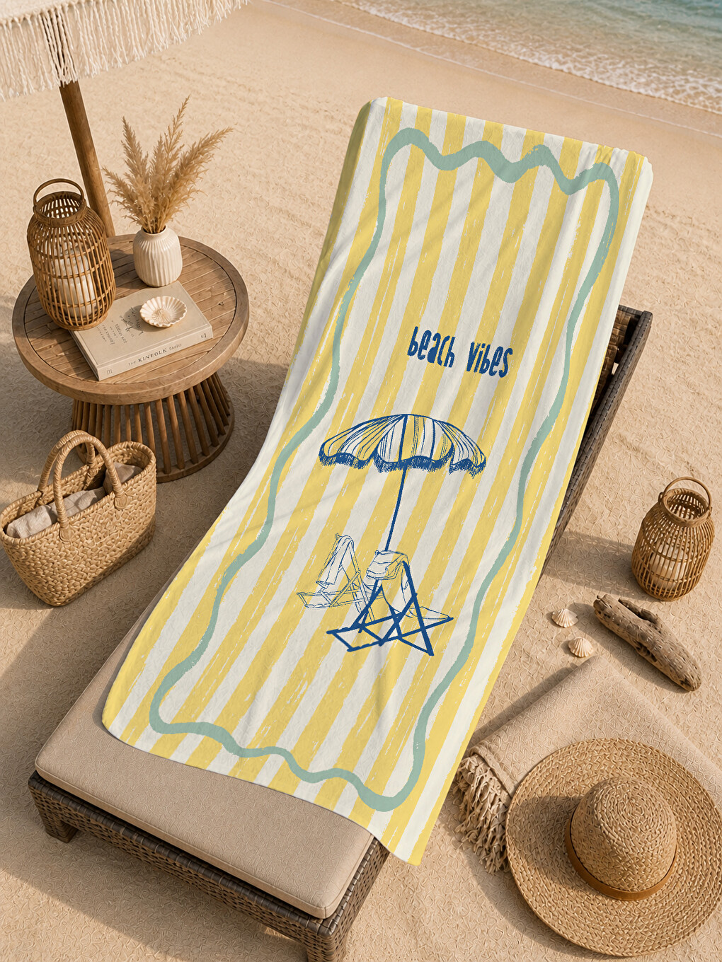 Milbay Grup Sarı Çizgili Beach Vibes Şemsiye Desenli 70x150 Cm Dijital Plaj Ve Banyo Havlusu-20072-4