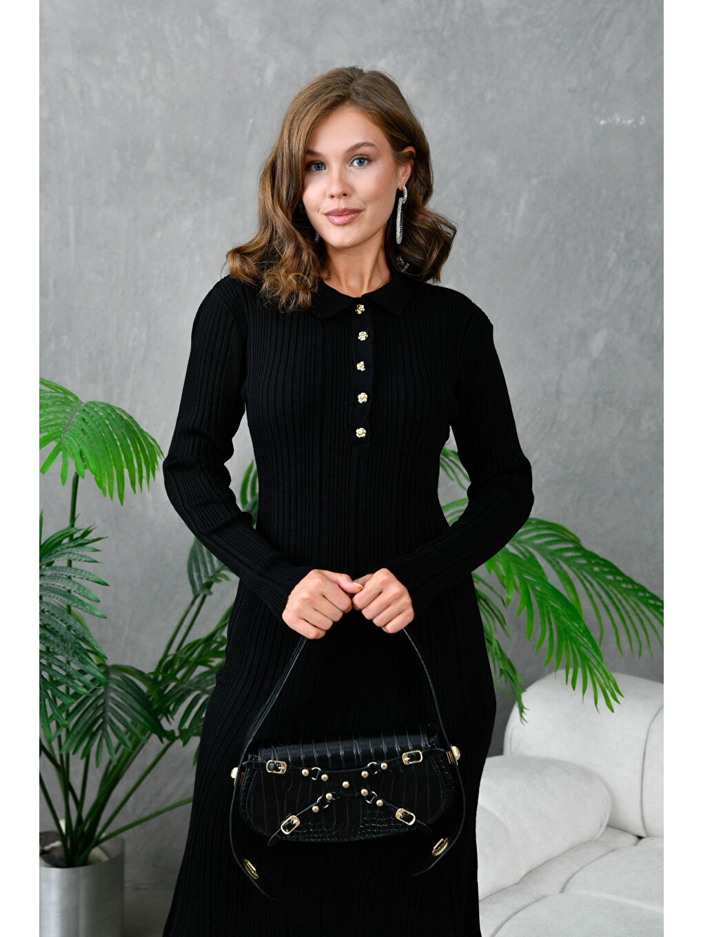 Siyah Kadın Düğme Detay Uzun Triko Elbise-1