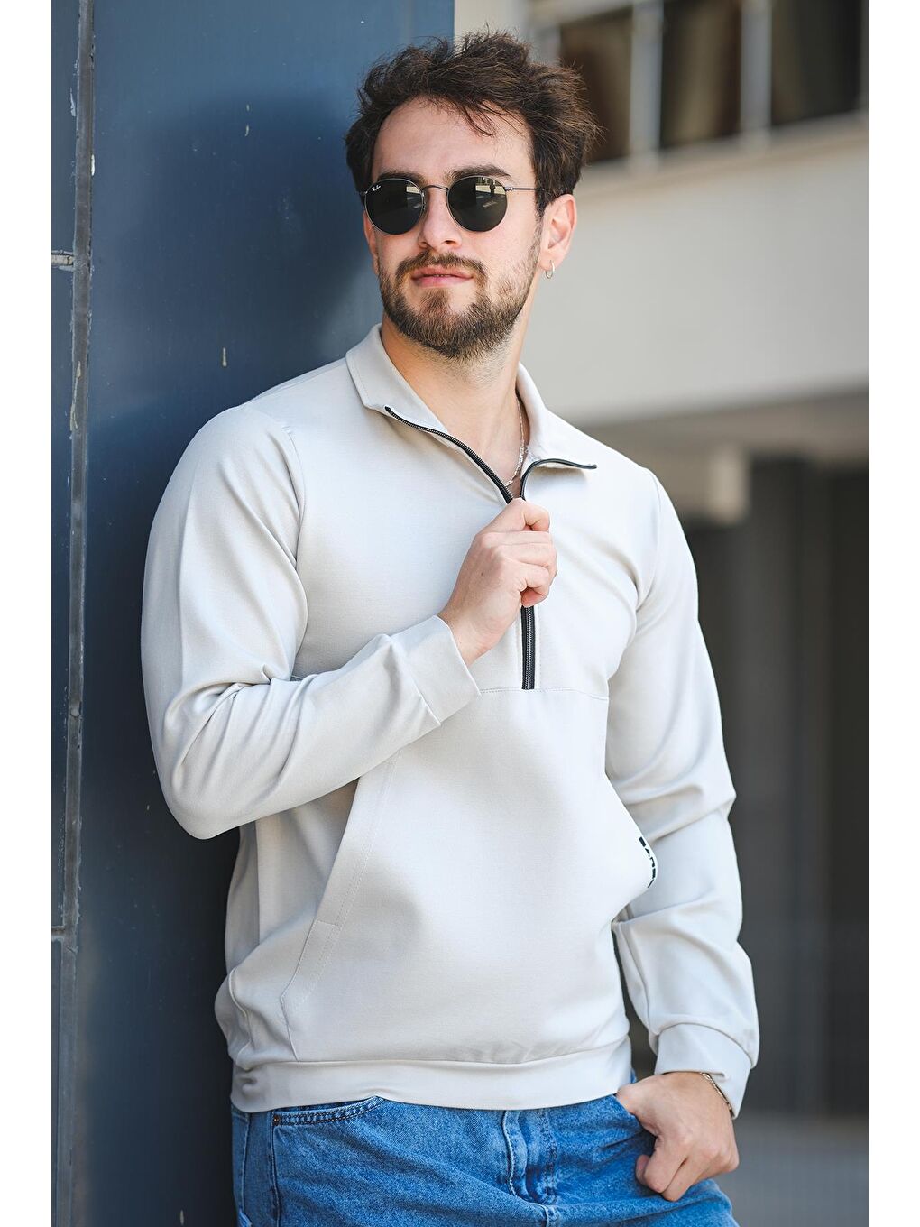 Gri Barrac İki İplik Fermuarlı Yarım Balıkçı Yaka Slim Fit Erkek Sweatshirt-1