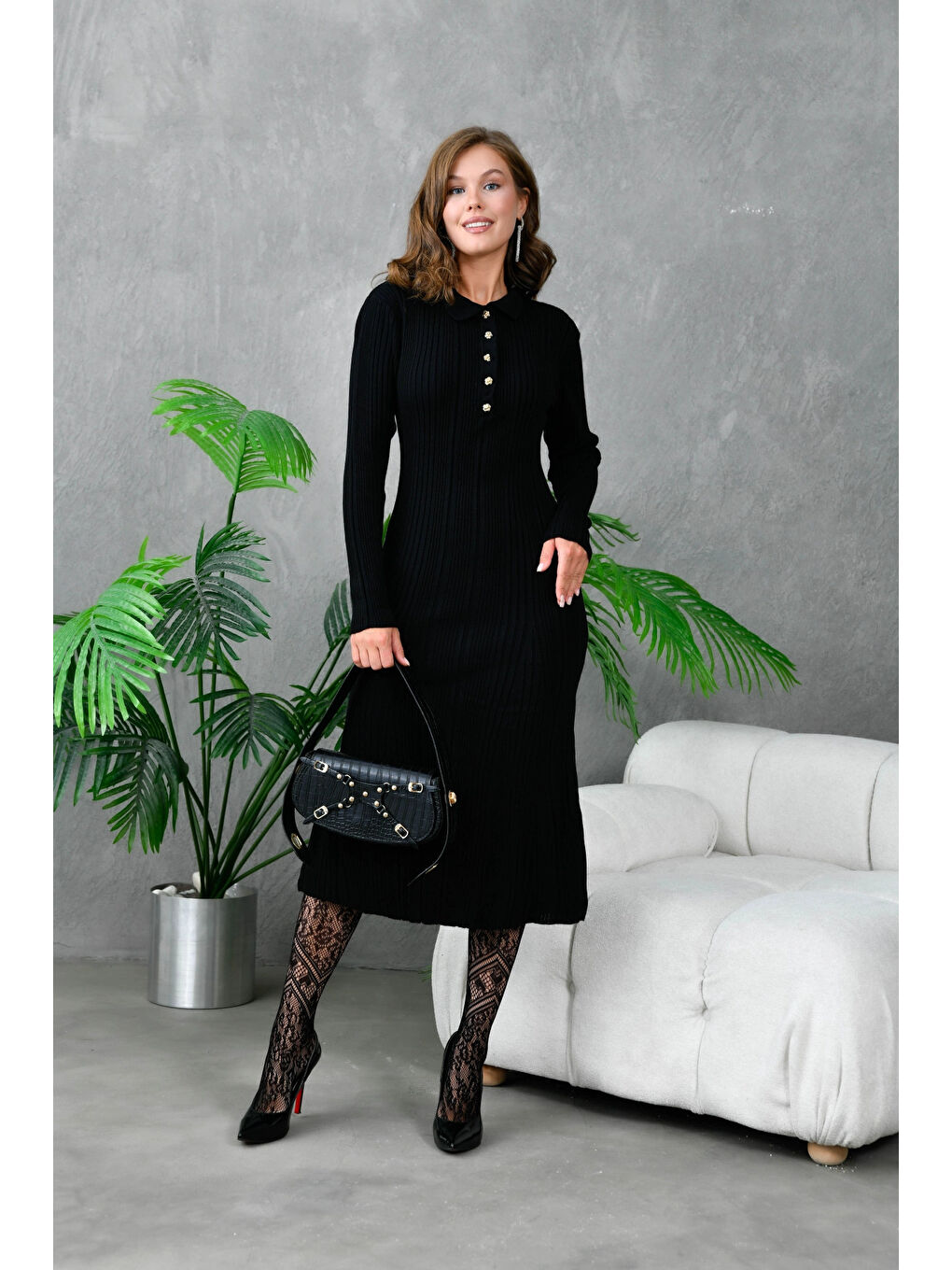 Siyah Kadın Düğme Detay Uzun Triko Elbise-3