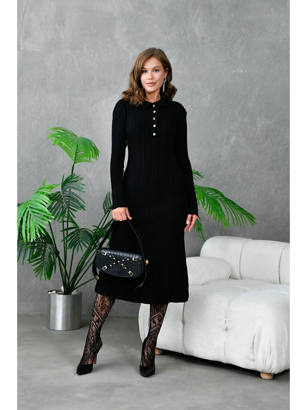 Siyah Kadın Düğme Detay Uzun Triko Elbise-4