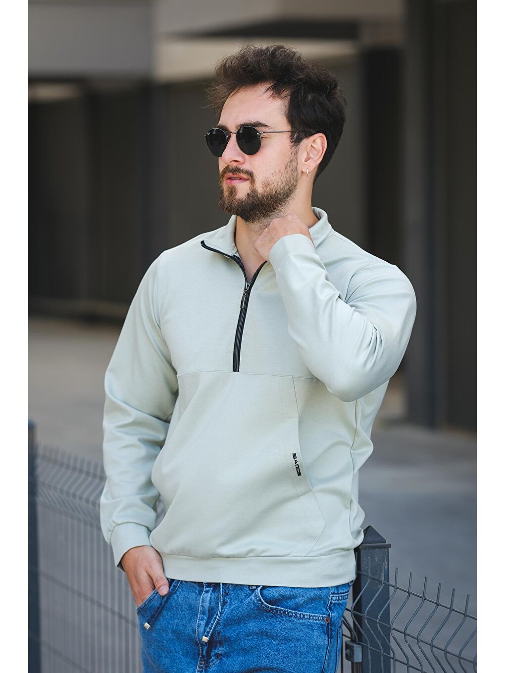 Yeşil Barrac İki İplik Fermuarlı Yarım Balıkçı Yaka Slim Fit Erkek Sweatshirt