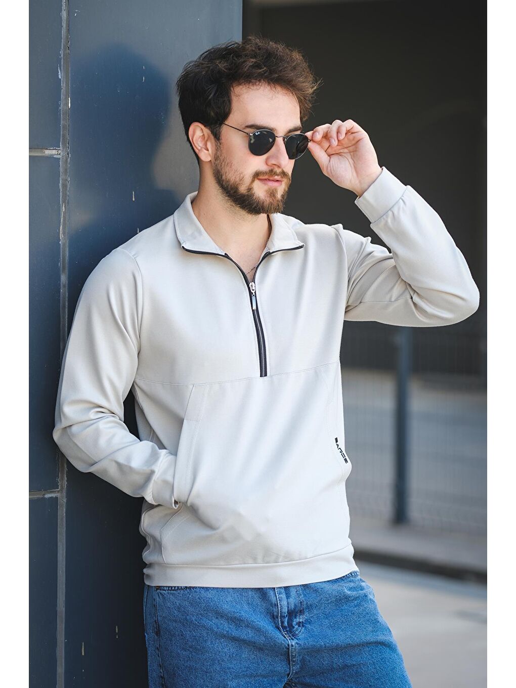 Gri Barrac İki İplik Fermuarlı Yarım Balıkçı Yaka Slim Fit Erkek Sweatshirt-2