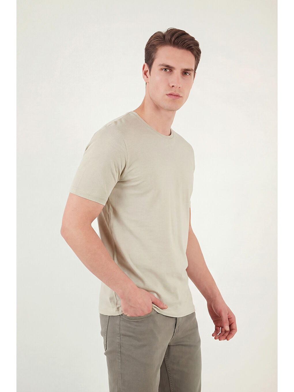 Bej Bisiklet Yaka % 100 Pamuk Slim Fit Basic Erkek T Shirt 59020001-3