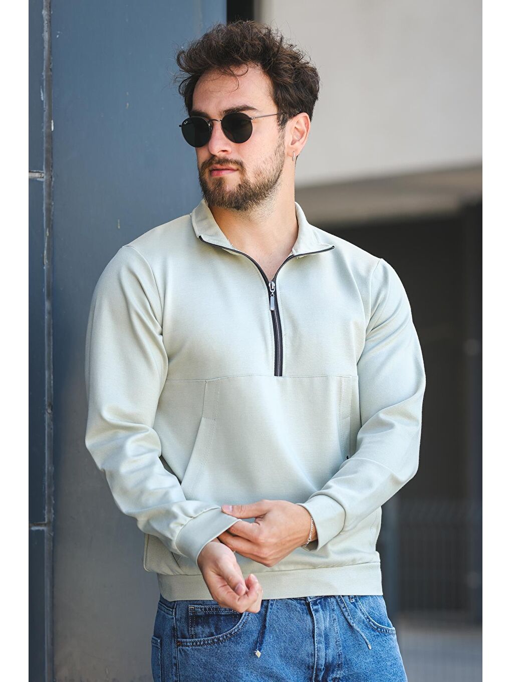 Yeşil Barrac İki İplik Fermuarlı Yarım Balıkçı Yaka Slim Fit Erkek Sweatshirt-1