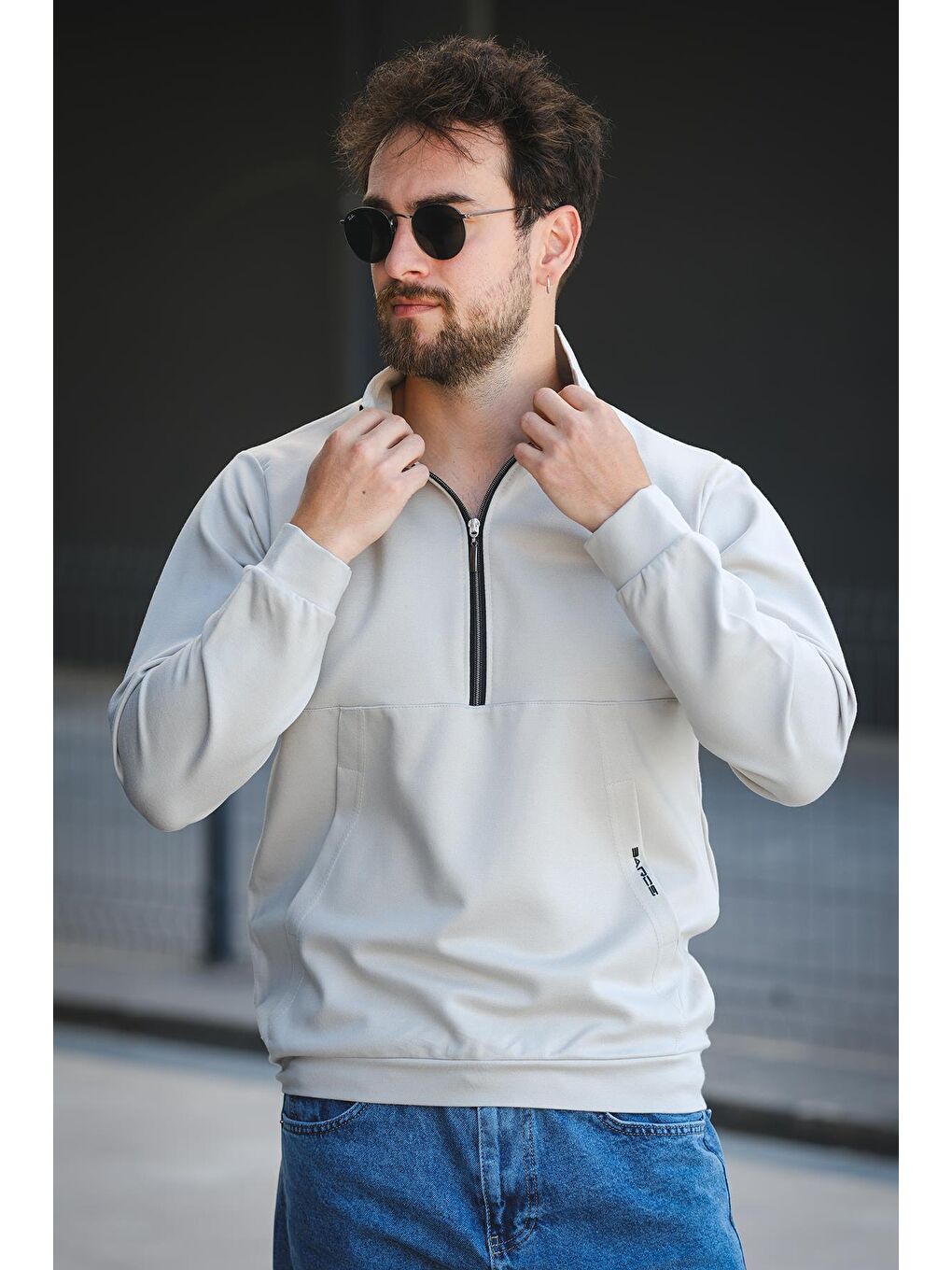 Gri Barrac İki İplik Fermuarlı Yarım Balıkçı Yaka Slim Fit Erkek Sweatshirt-3