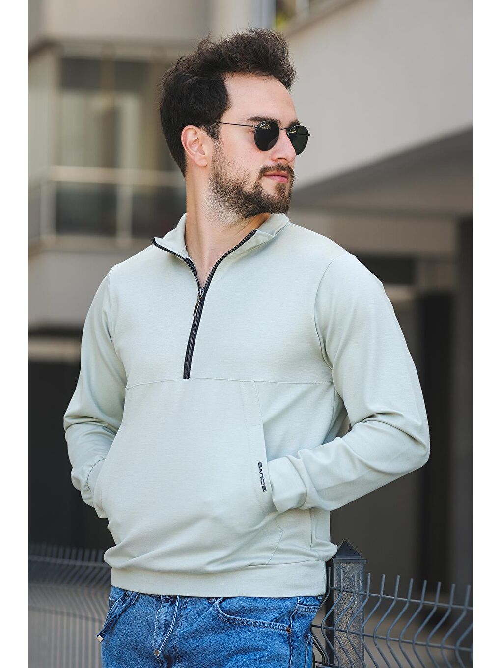 Yeşil Barrac İki İplik Fermuarlı Yarım Balıkçı Yaka Slim Fit Erkek Sweatshirt-2