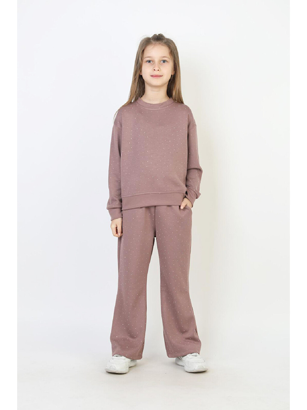Pembe Kız Çocuk Taş Süslemeli+double Face Kumaş Alt-üst Takımı 12758blt-1