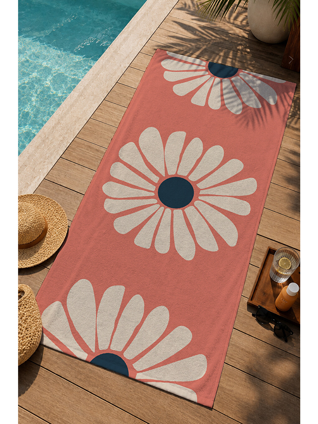 Mercan Pembe Büyük Papatya Desenli 70x150 Cm Dijital Baskılı Plaj Ve Banyo Havlusu-2