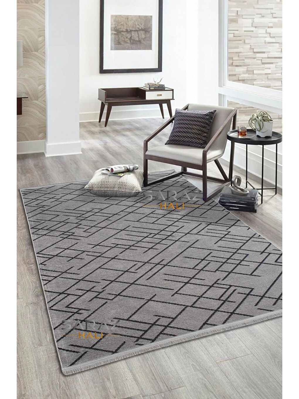 Zigzag Saçaklı Kaymaz Kilim Gri 100x300