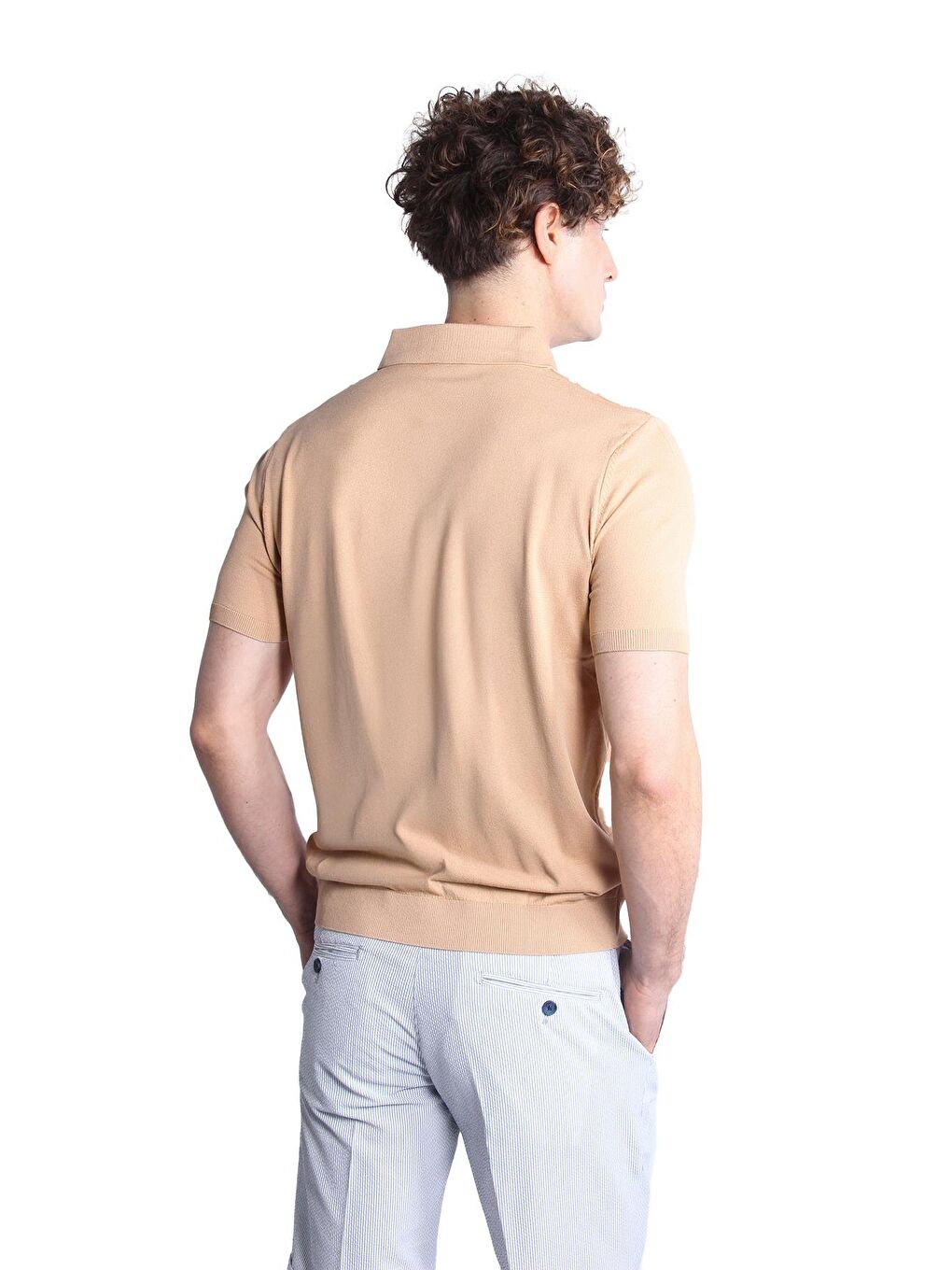 Bej Slim Fit Dar Kalıp Düğmeli Polo Yaka Desenli Kısa Kollu Triko Tişört-5