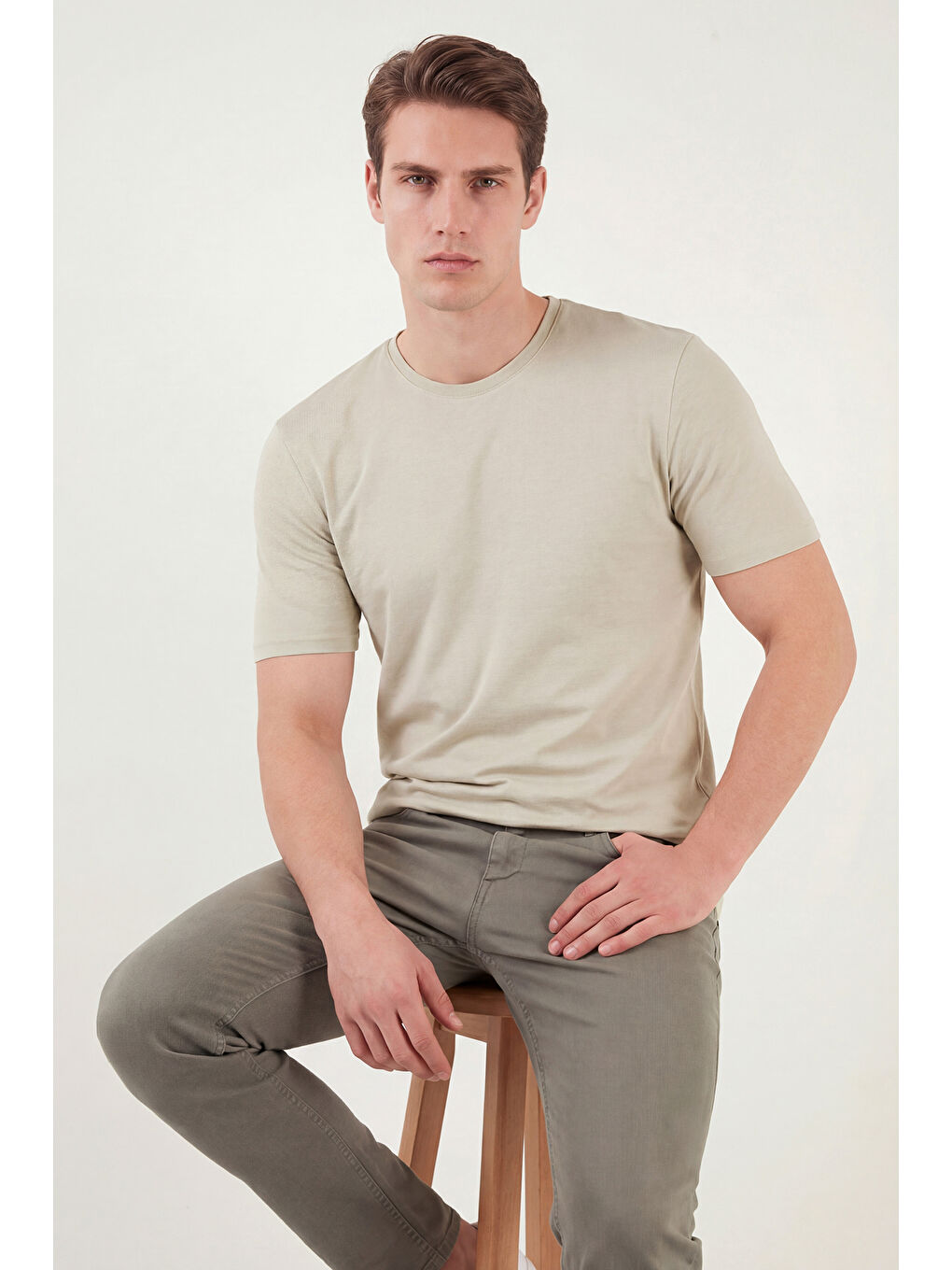 Bej Bisiklet Yaka % 100 Pamuk Slim Fit Basic Erkek T Shirt 59020001-4