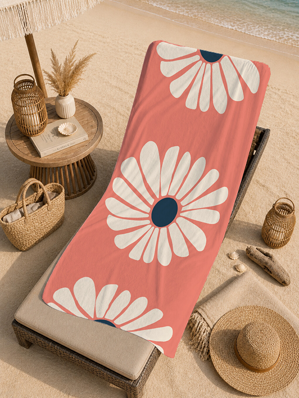 Mercan Pembe Büyük Papatya Desenli 70x150 Cm Dijital Baskılı Plaj Ve Banyo Havlusu-4