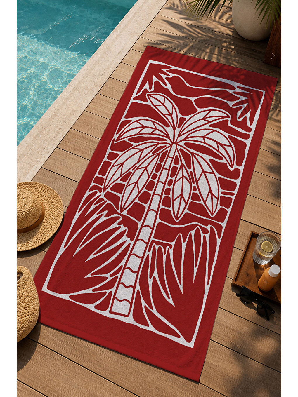Kırmızı Beyaz Blok Baskı Palmiye Desenli 70x150 Cm Dijital Baskılı Plaj Ve Banyo Havlusu-2