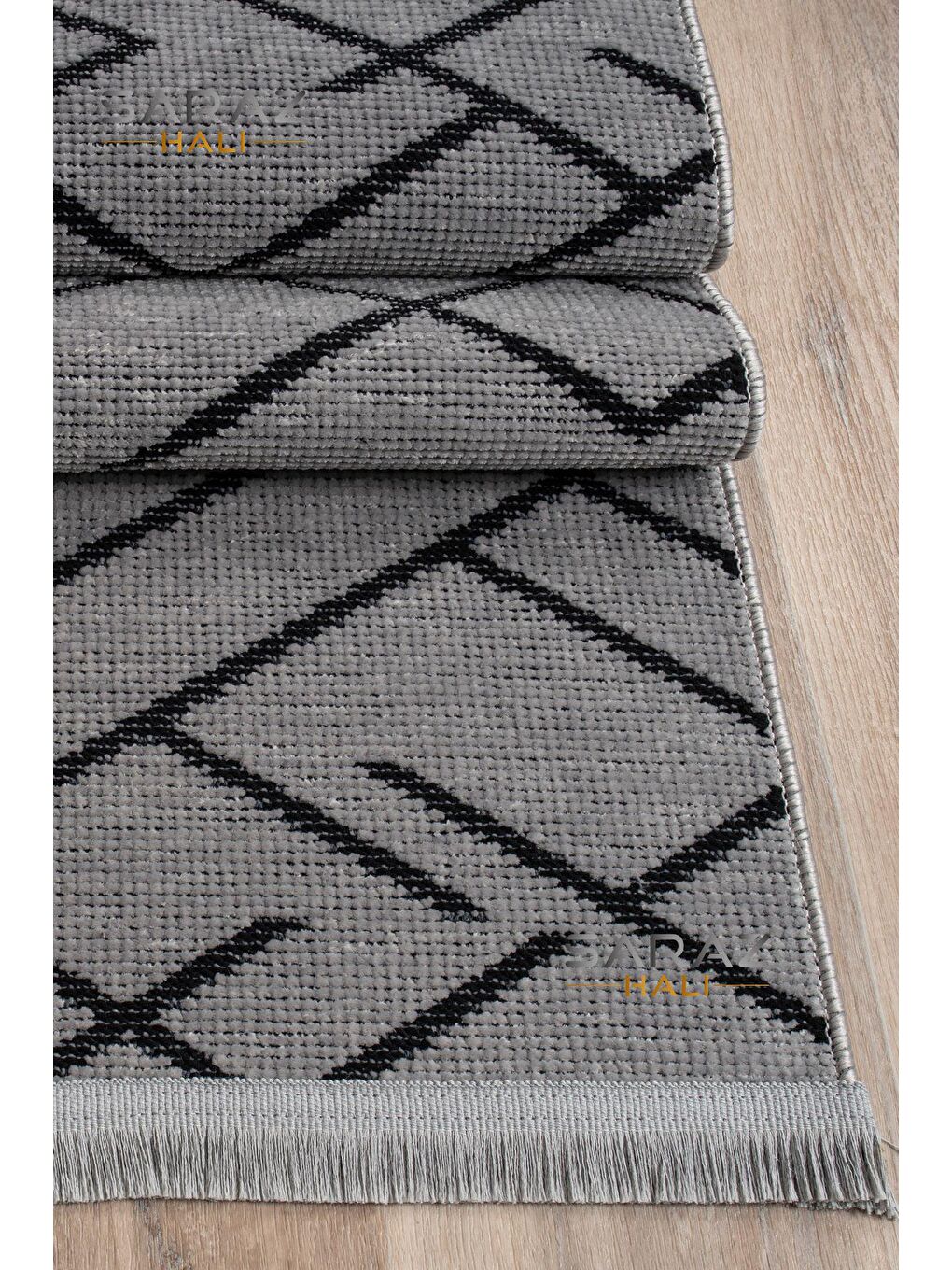 Zigzag Saçaklı Kaymaz Kilim Gri 100x300-2