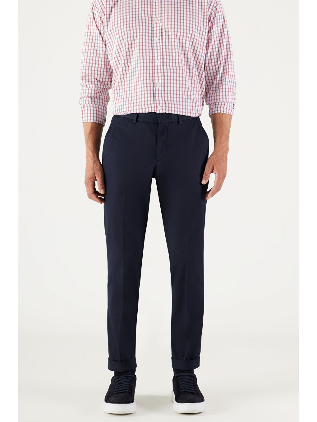 Erkek Lacivert Slim Fit Dar Kesim Gabardin Kumaş Desenli Pamuklu Esnek Beli Lastikli Pantolon-3