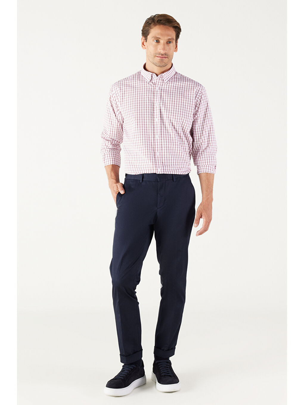 Erkek Lacivert Slim Fit Dar Kesim Gabardin Kumaş Desenli Pamuklu Esnek Beli Lastikli Pantolon-4