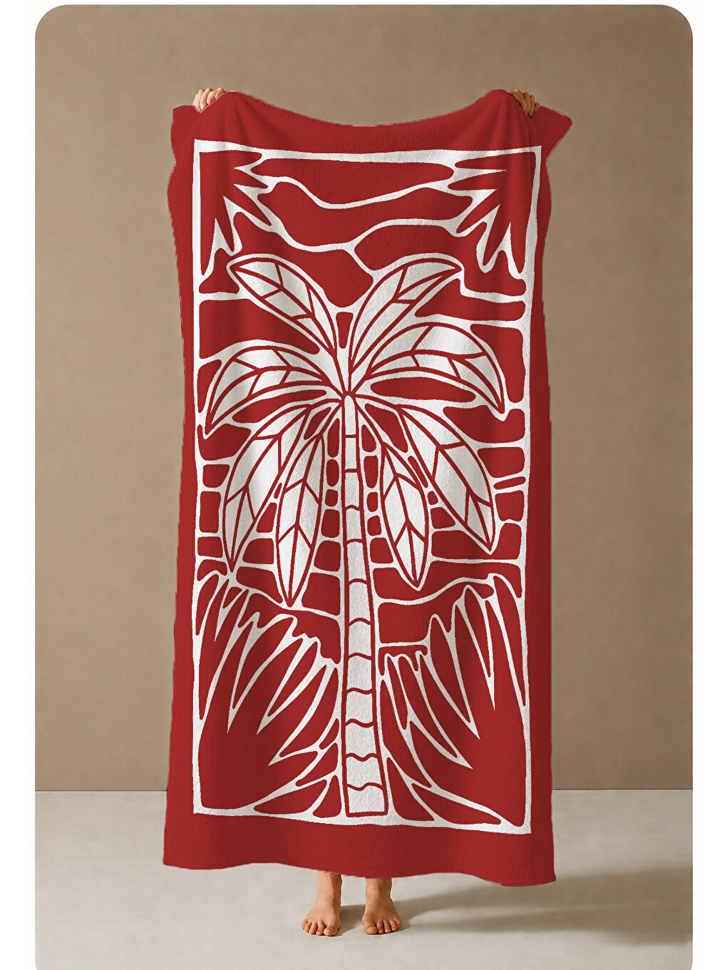 Kırmızı Beyaz Blok Baskı Palmiye Desenli 70x150 Cm Dijital Baskılı Plaj Ve Banyo Havlusu-3