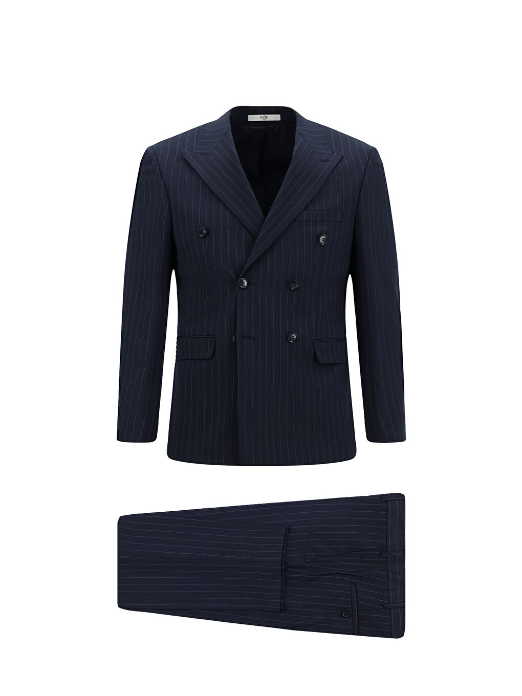 Lacivert Slim Fit Dar Kesim Yünlü Çizgili Kruvaze Takım Elbise