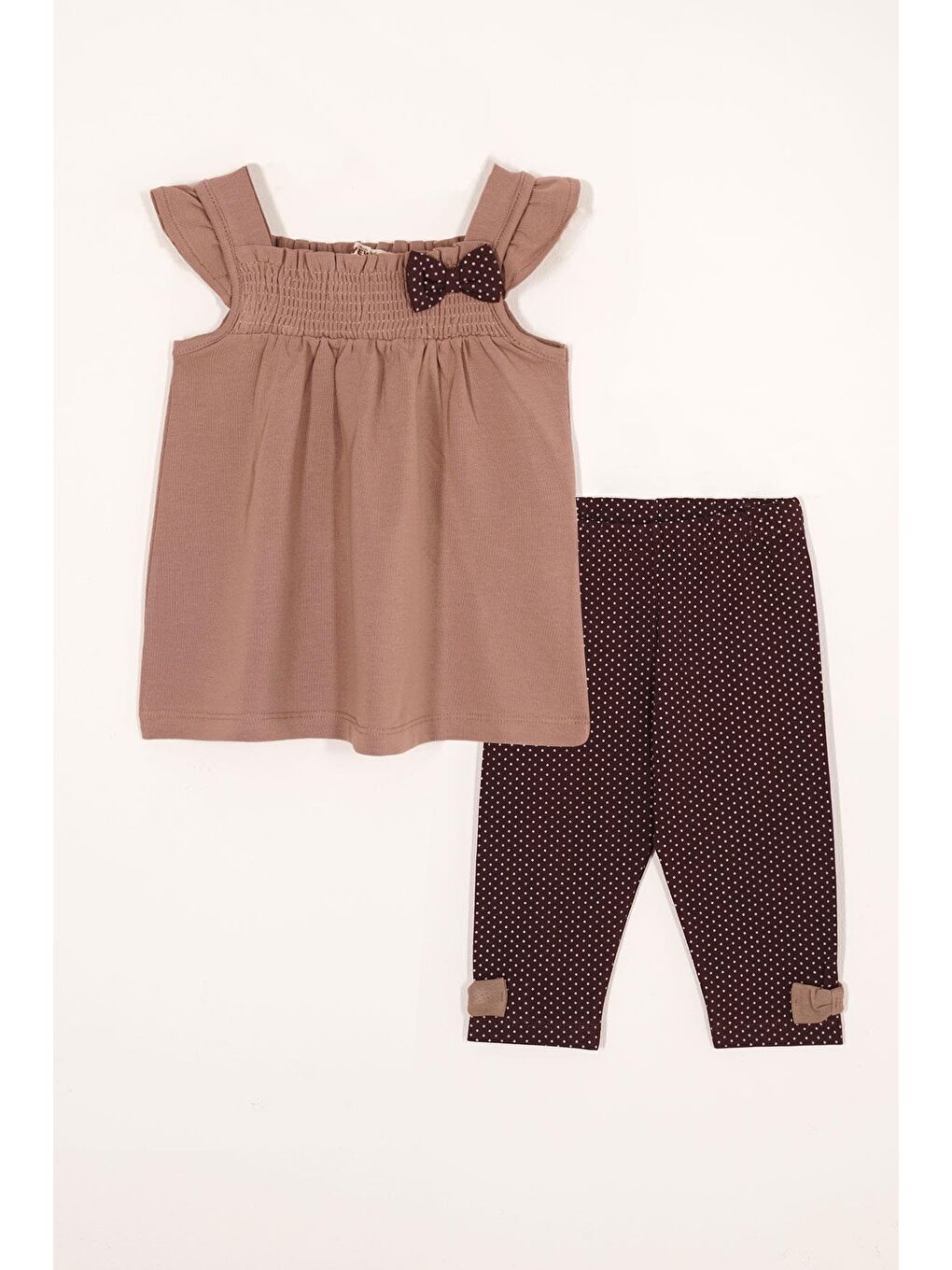 Kahverengi Kare Yaka Fırfır Kol Kız Çocuk Taytlı Takım