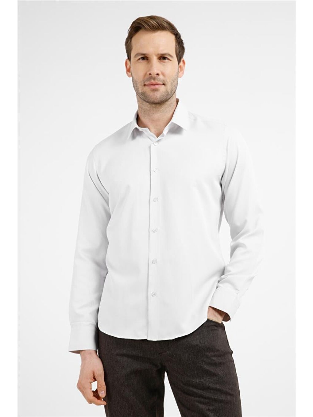 Bej-Beyaz  Sert Yaka Uzun Kol Cepsiz Slim Fit Pamuklu Gömlek 1004255214