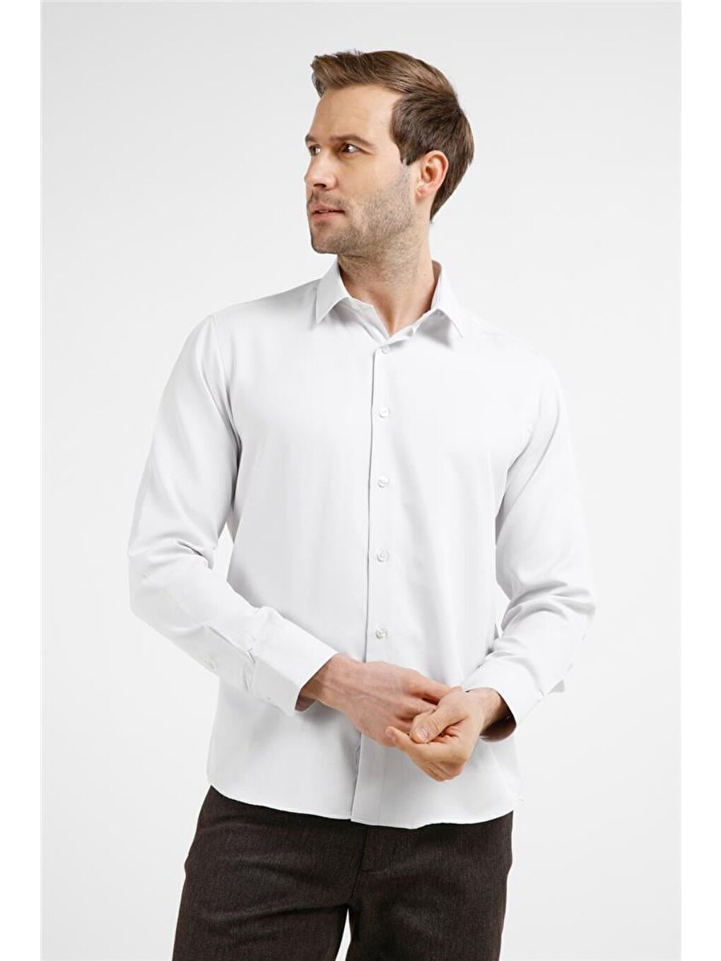 Bej-Beyaz  Sert Yaka Uzun Kol Cepsiz Slim Fit Pamuklu Gömlek 1004255214-2