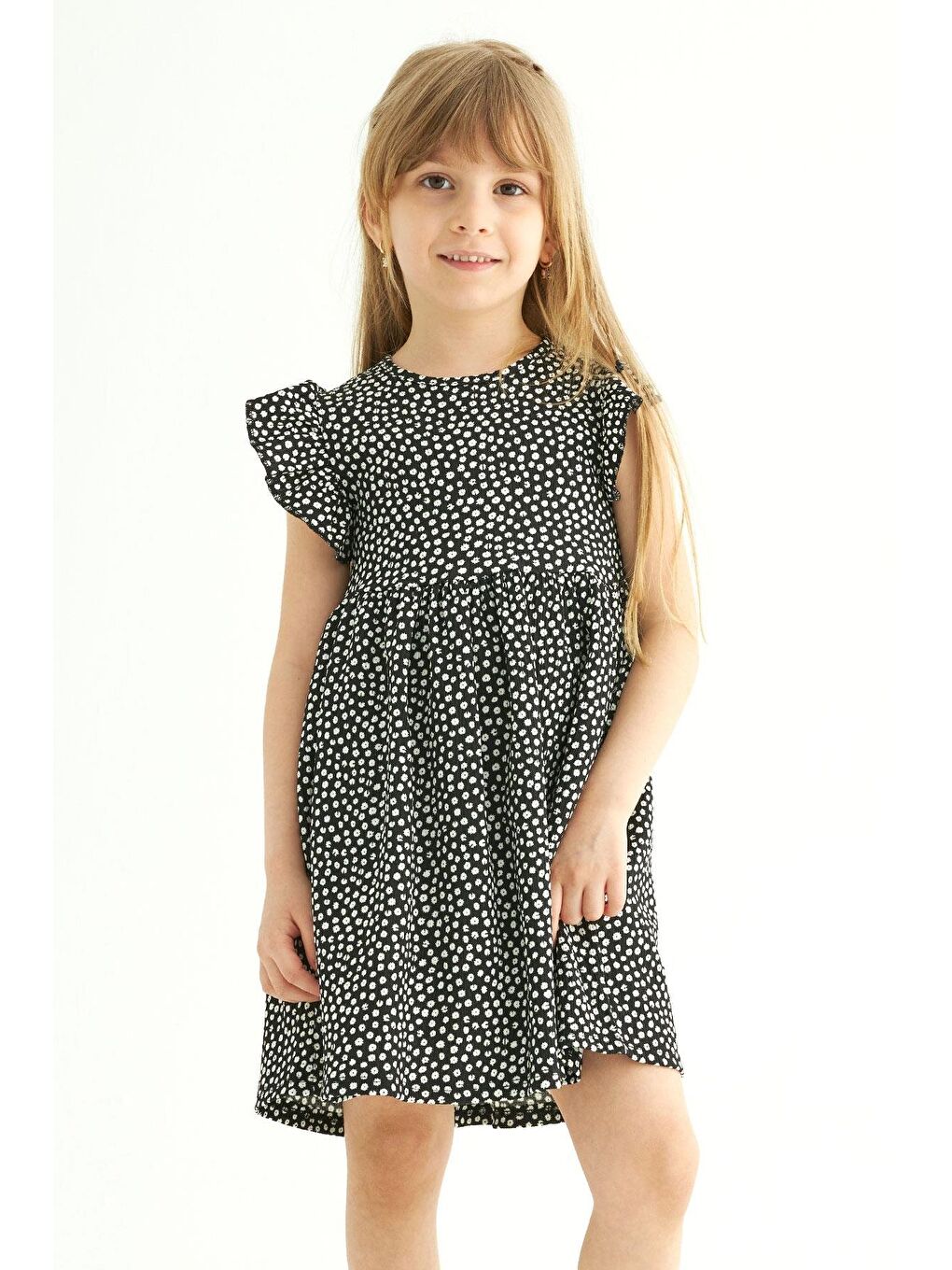 Siyah Bisiklet Yaka Fırfırlı Kız Çocuk Elbise-3