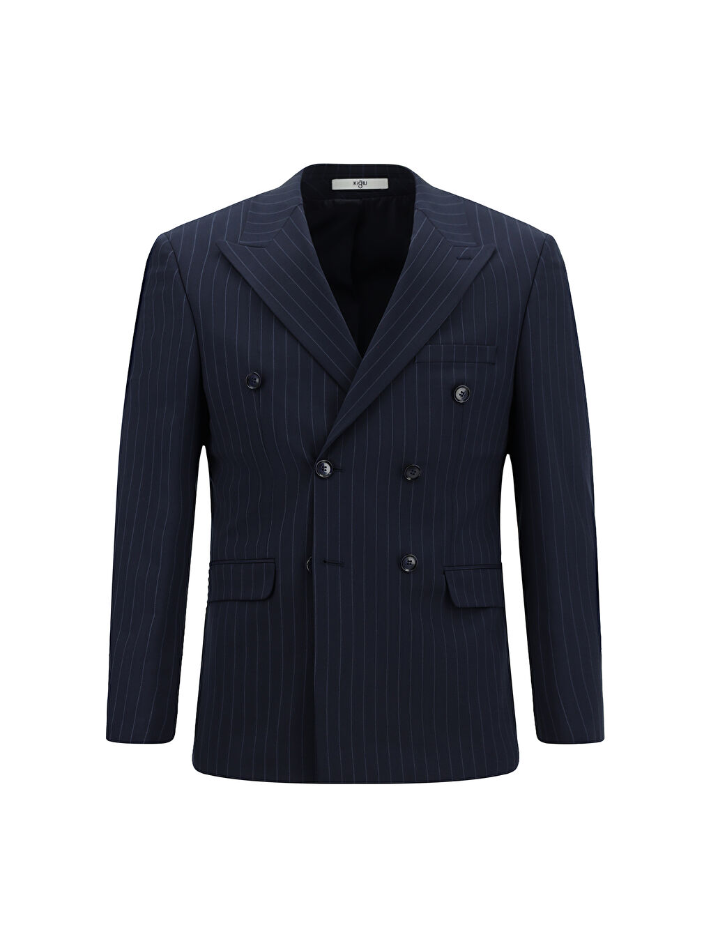 Lacivert Slim Fit Dar Kesim Yünlü Çizgili Kruvaze Takım Elbise-1