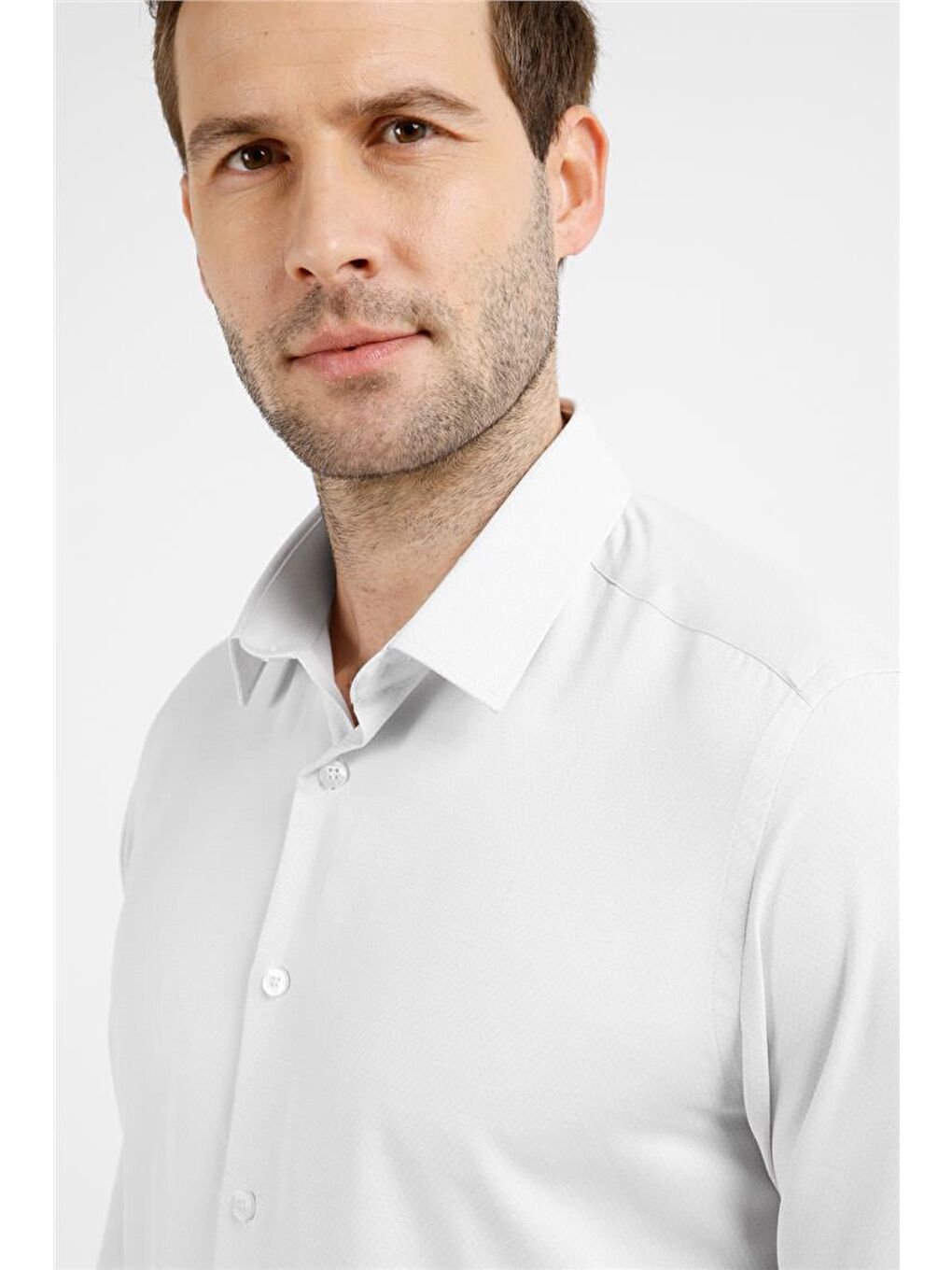 Bej-Beyaz  Sert Yaka Uzun Kol Cepsiz Slim Fit Pamuklu Gömlek 1004255214-3